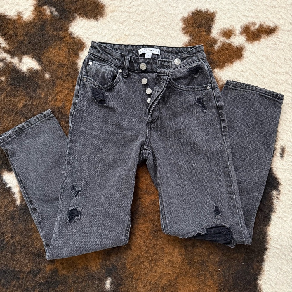 High-Rise Distressed Gray Jeans